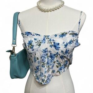 Blue white floral corset tank crop top - spring cottage halter fairy flowers